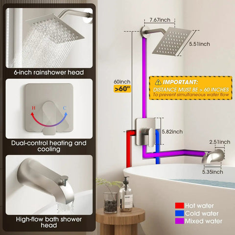 Deadly Slick Brushed Nickel Shower Faucet Set With Solid Brass Rough In Valve And Ceramic Disc Cartridge Featuring Killer High Flow Six Inch Tub Spout Plus Top Shelf High Pressure Showerhead For Zero Hassle Bathroom Refresh