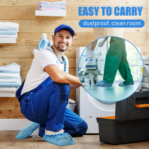Man wearing stretchable disposable shoe covers grippy no slip booties thick durable protection for indoors outdoors blue