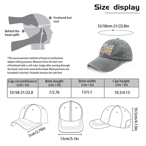 Diagram showing size measurements of Funny Spare Time RV Camper Hat for Women with adjustable strap, light grey, side view.