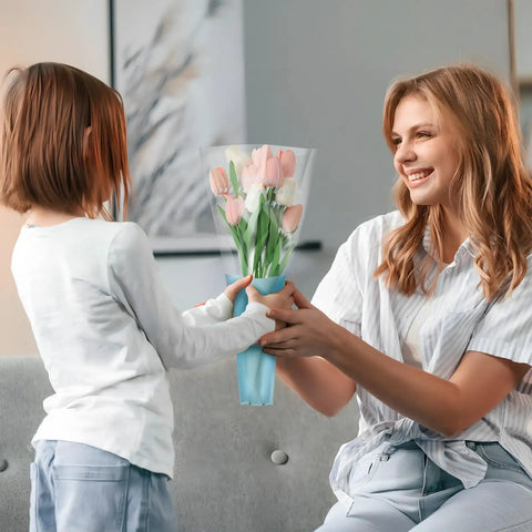 Woman receiving bouquet in 150 Pack Flower Bouquet Sleeves With Plastic OPP Wrapping Bags, DIY Friendly Protective Floral Packaging