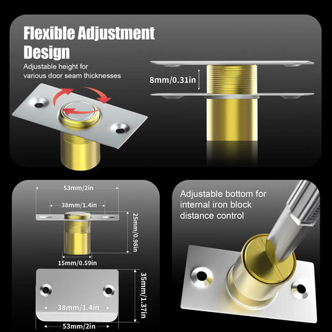 Upgraded Super Sturdy Magnetic Door Catch Adjustable Silent Ball Latch For Closet And French Doors Concealed Heavy Duty Slide Replacement Clean Silver 2 Pack detail on flexible adjustment design with measurements