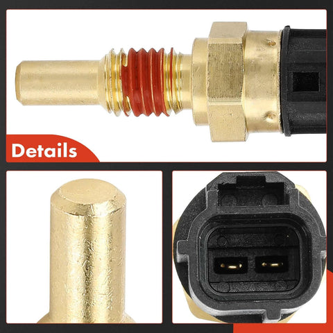 A-Premium 2-pin engine coolant temperature sensor; brass body with red O-ring; side view, connector end.