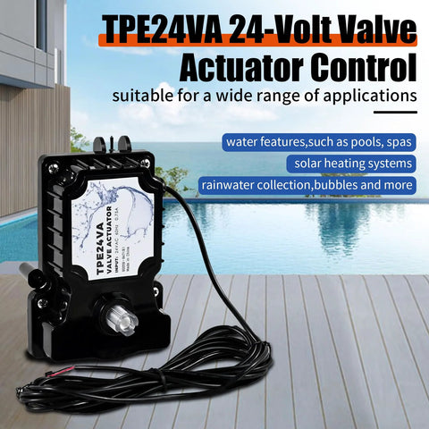 Front view of a black TPE24VA 24-Volt pool valve actuator with long cable.