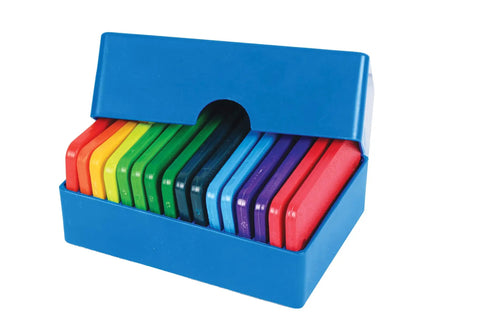 Rainbow Knit Blockers Set Of 20 For Perfect Blocking Of Finished Knits in blue box with rainbow-colored heads visible