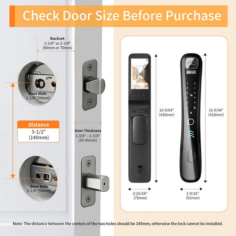 Hella Easy Keyless Entry Setup Featuring Video Doorbell Camera Smart Deadbolt Palm Vein Scanner installation size guide with measurements.