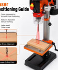 Ridfy 8 Inch Benchtop Drill Press with laser guide shows cross alignment for accurate hole positioning on wood.