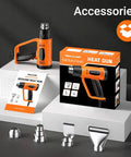 Powerful 1800W Heat Gun With Dual Temps 752F and 1112F, four nozzles, user manual, and box packaging displayed on a gray surface.