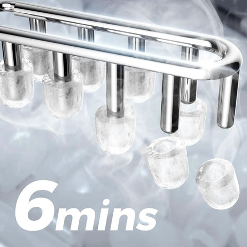 Portable Countertop Ice Maker That Makes Bullet Ice Pretty Dang Fast With Zero Fuss And Self Cleaning Features Providing Two Cube Size Choices For House Parties Producing 26 Pounds Daily In Modern Black - Close-up of bullet ice being produced in 6 minutes.