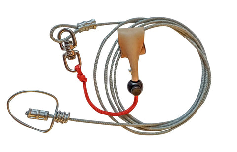 Beefed Up Poultry Tie Cord Tether Pack Two with 8 inch steel vinyl coated cable, stainless steel swivels, leather comfort grip