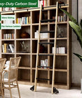 Heavy Duty Industrial Rolling Ladder Hardware Kit With Adjustable Carbon Steel Track, 8ft Track Kit shown on wooden bookshelf