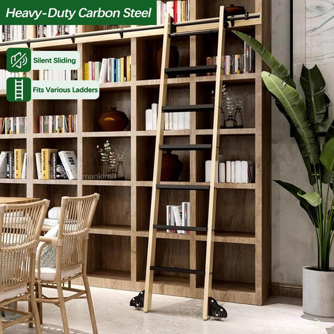 Heavy Duty Industrial Rolling Ladder Hardware Kit With Adjustable Carbon Steel Track, 8ft Track Kit shown on wooden bookshelf