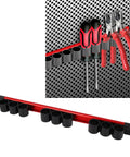 Workhorse Nine Slot Rail Tool Organizer Rack For Wrenches Pliers And Scissors with aluminum frame mounted on wall.
