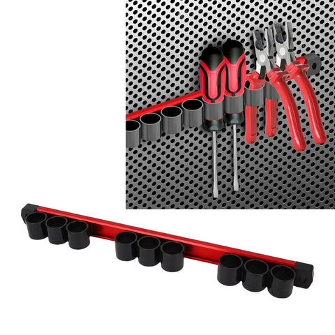 Workhorse Nine Slot Rail Tool Organizer Rack For Wrenches Pliers And Scissors with aluminum frame mounted on wall.
