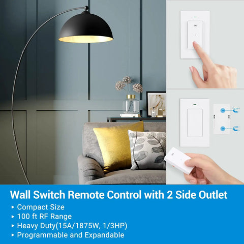 Remote Control Outlet Wireless Wall Switch with 2 Side Outlets for lamps and appliances in a modern living room, ETL listed