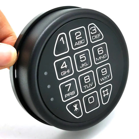 Drop In This Heavy Duty Electronic Gun Safe Replacement Lock With Slick Black Matte Zinc Shell Anti Shake Mechanism One To Eight Digit Programmable Codes Dual Access Groups Triple LED Status Lights Built Tough For Easy Setup, close-up of keypad.