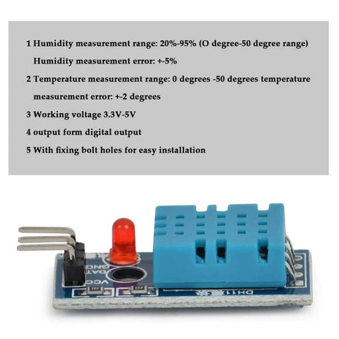 DHT11 temperature humidity sensor from Electronics Starter Kit With WiFi Development Board And DHT11 Temperature Humidity Sensor, 1.3 Inch OLED Display 128x64, USB Cable, 40 Pin Jumper Wires And Breadboard For Hands On Prototyping, showing measurement range and error details.