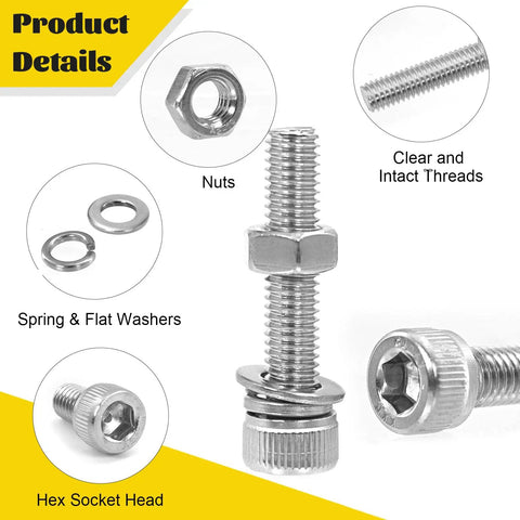 Close-up of 1220Pcs Metric Screws Assortment Kit M3 M4 M5 M6, including hex socket head, nuts, washers in 304 stainless steel