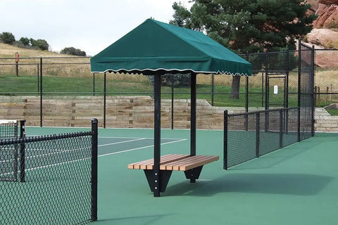 Har-Tru Cabana Bench 6 Foot Canopy With 4 Foot Bench Outdoor Court Shade For Tennis Bocce And Golf, green canopy over bench