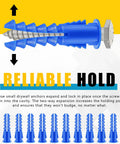Close-up of Blue 500 Pcs Plastic Drywall Anchors Ribbed Lightweight Hollow Walls Mounting Set with screw showing expansion in cavity