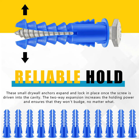 Close-up of Blue 500 Pcs Plastic Drywall Anchors Ribbed Lightweight Hollow Walls Mounting Set with screw showing expansion in cavity