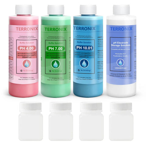 pH Calibration Kit With 4 Bottle Buffers 4.00 7.00 10.01, 250ml Bottles, Electrode Storage Tank visible, colorful labeled containers