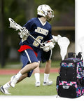 Youth Lacrosse Backpack With Secure Helmet Slot And Separate Shoe Compartment, Waterproof Team Gear Bag For Boys And Girls, Ventilated Mesh Back, Game Day Ready Solid Haul beside a player in action on the field.