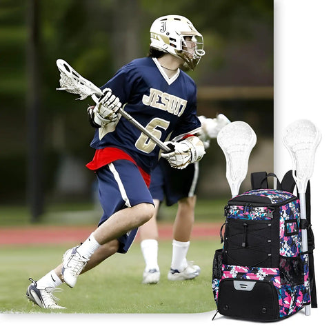 Youth Lacrosse Backpack With Secure Helmet Slot And Separate Shoe Compartment, Waterproof Team Gear Bag For Boys And Girls, Ventilated Mesh Back, Game Day Ready Solid Haul beside a player in action on the field.