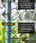 Comparison of plastic vs metal zip ties on a fence illustrating Heavy Duty Stainless Steel Zip Ties Kit With Quick Cutter Tool 150 Pcs 11.8 Inch