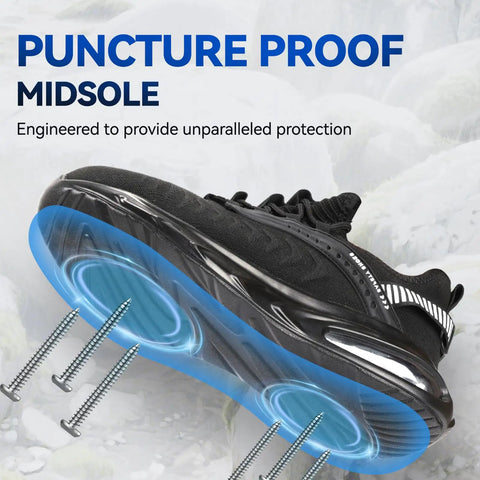 Lightweight Steel Toe Shoes For Men And Women With Air Cushion Comfort, Slip Resistant Work Sneakers showing puncture proof midsole