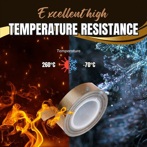 Pro Grade Heavy Duty High Temp Teflon Tape For Impulse Sealer And Vacuum Sealer, PTFE Fiberglass Tape, 13mm By 10m shown with temperature range -70C to 260C background.