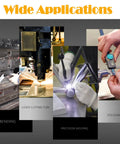 Image showing applications of Pro Grade Spring Steel Shim Stock Set including CNC bending, laser cutting, welding, and polishing.