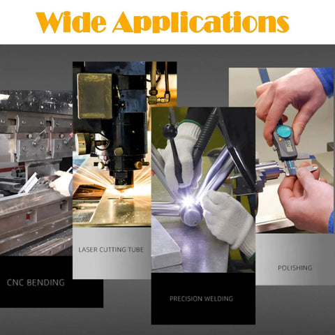 Image showing applications of Pro Grade Spring Steel Shim Stock Set including CNC bending, laser cutting, welding, and polishing.