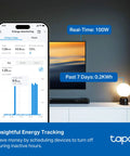 Matter Compatible Smart WiFi Power Strip Offering Individual Outlet Control And Live Energy Tracking To Keep All Your Gear Fully Charged Slash Monthly Bills And Guard Your Rig Against Power Spikes For Bedroom Or Office Boss Setups displayed on a smartphone with energy usage stats.