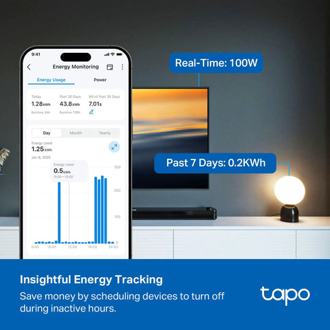 Matter Compatible Smart WiFi Power Strip Offering Individual Outlet Control And Live Energy Tracking To Keep All Your Gear Fully Charged Slash Monthly Bills And Guard Your Rig Against Power Spikes For Bedroom Or Office Boss Setups displayed on a smartphone with energy usage stats.