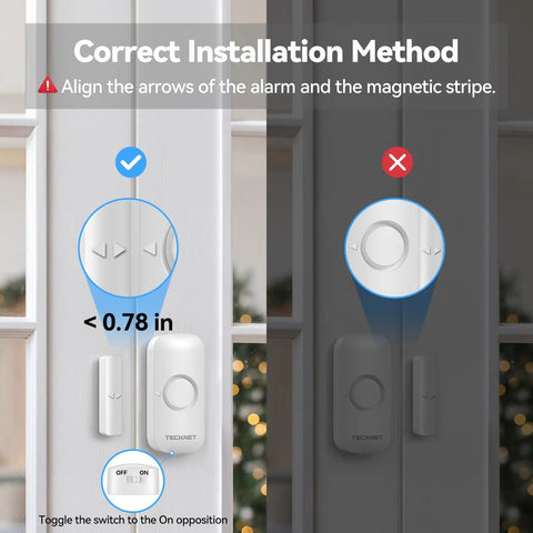 Wireless Door Chime Sensor Alert With 1000 Ft Range, 61 Melodies, 5 Volume Levels, RGB LED Light, Instant Door Open Notifications For Home Office Store, Perfect For Kids Seniors And Dementia Care. Door sensor installation guide, arrows aligned, 0.78 in