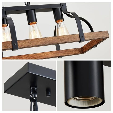 Close-up of Five Light Metal Chandelier With Imitation Wood Grain Finish, black metal details, and E26 base sockets.