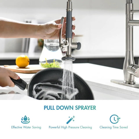 Pull Down Sprayer Kitchen Faucet With Single Handle And Two Independent Nozzles in use, high-pressure spray mode, brushed nickel finish