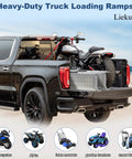 Heavy Duty 74 Inch Atv Ramps 2 Pack With Hella Secure Anti Slip Grip and Rock Solid Stability for Pickup Trucks loading a motorcycle.