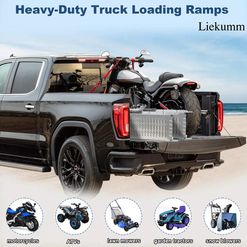 Heavy Duty 74 Inch Atv Ramps 2 Pack With Hella Secure Anti Slip Grip and Rock Solid Stability for Pickup Trucks loading a motorcycle.
