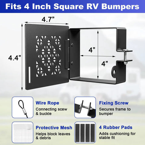 Heavy Duty Aluminum RV Bumper End Caps 2 Pack With Vent Holes And Protective Mesh shown with dimensions and features