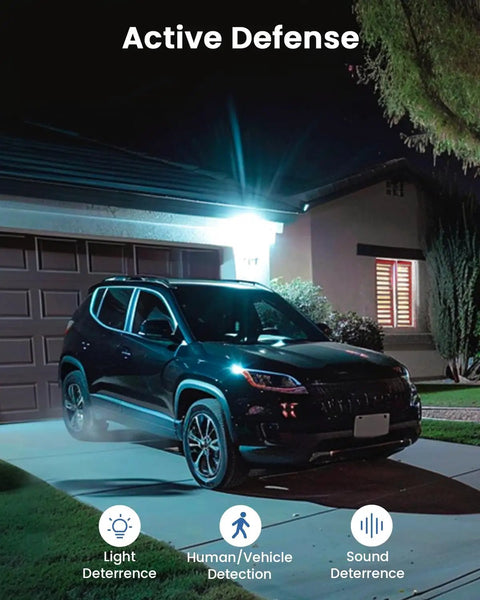 Night view of a driveway with active lighting and a parked car, demonstrating human/vehicle detection for home surveillance.
