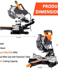 Heavy Duty 10 Inch Dual Bevel Sliding Miter Saw With Bright Led Light And 48 Tooth Blade with dimensions and extension table details.