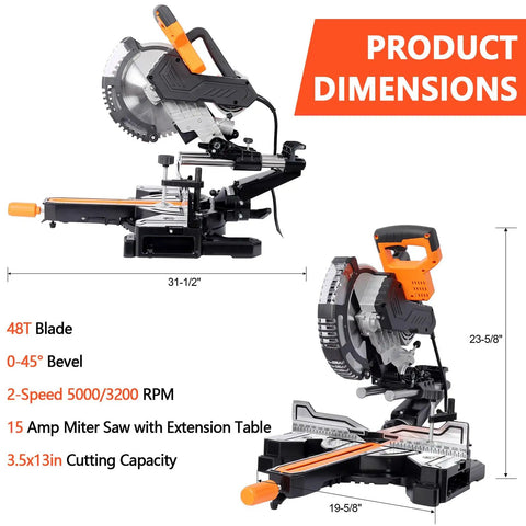 Heavy Duty 10 Inch Dual Bevel Sliding Miter Saw With Bright Led Light And 48 Tooth Blade with dimensions and extension table details.