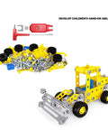 7 In 1 STEM Vehicle Kit For Kids Ages 8 9 10 11 12 Plus 180 Piece Construction Set For Building Forklift Dump Truck Crane Bulldozer And More Hands On Engineering Fun showing parts and partial assembly