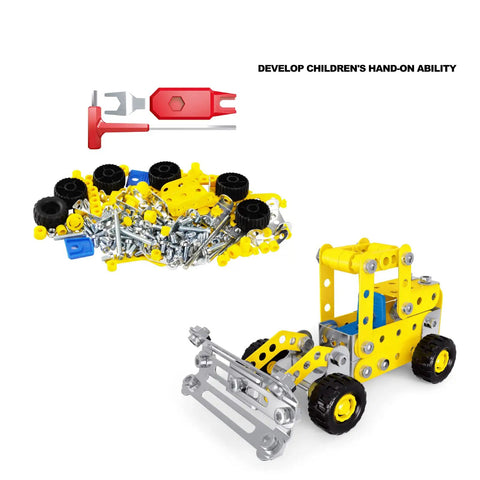 7 In 1 STEM Vehicle Kit For Kids Ages 8 9 10 11 12 Plus 180 Piece Construction Set For Building Forklift Dump Truck Crane Bulldozer And More Hands On Engineering Fun showing parts and partial assembly