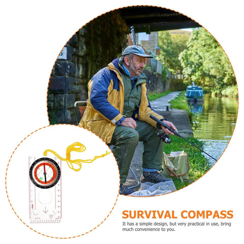 Go-To Outdoor Compass Ruler Tool For Camping And Hiking, Portable Navigation With Measuring Scale, shown near seated person by river