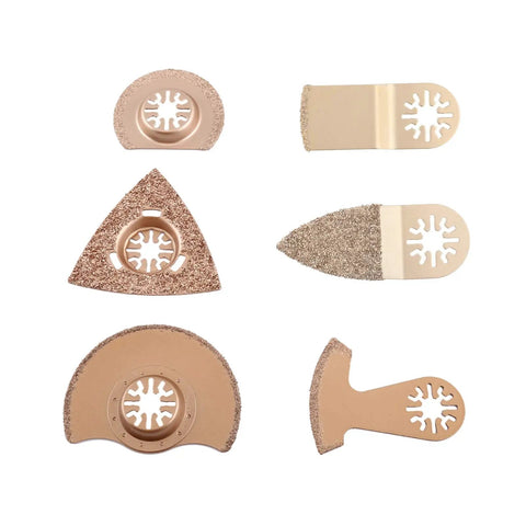Oscillating Multi Tool Blades Set With Carbide Tips For Tile Wood And More Universal Fit High Durability Easy Quick Change Installation Six Piece Blade Kit For Grab And Go Fast Clean Cuts shown with six distinct blade shapes.