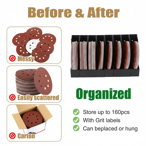 8 Pack Sandpaper Storage Organizer Boxes For 5 Inch Sanding Discs, Tool Storage Set With Grit Labels, Modular Rack Black