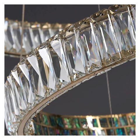 Close-up of the Crystal Hanging Pendant LED Lights Luxury Round Rings Chandelier Lamp showcasing elegant crystal detailing.