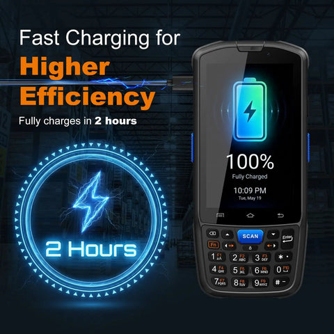 F7 Android 14 Handheld PDA Barcode Scanner fast charging display, showing full charge in 2 hours, ideal for warehouse logistics.